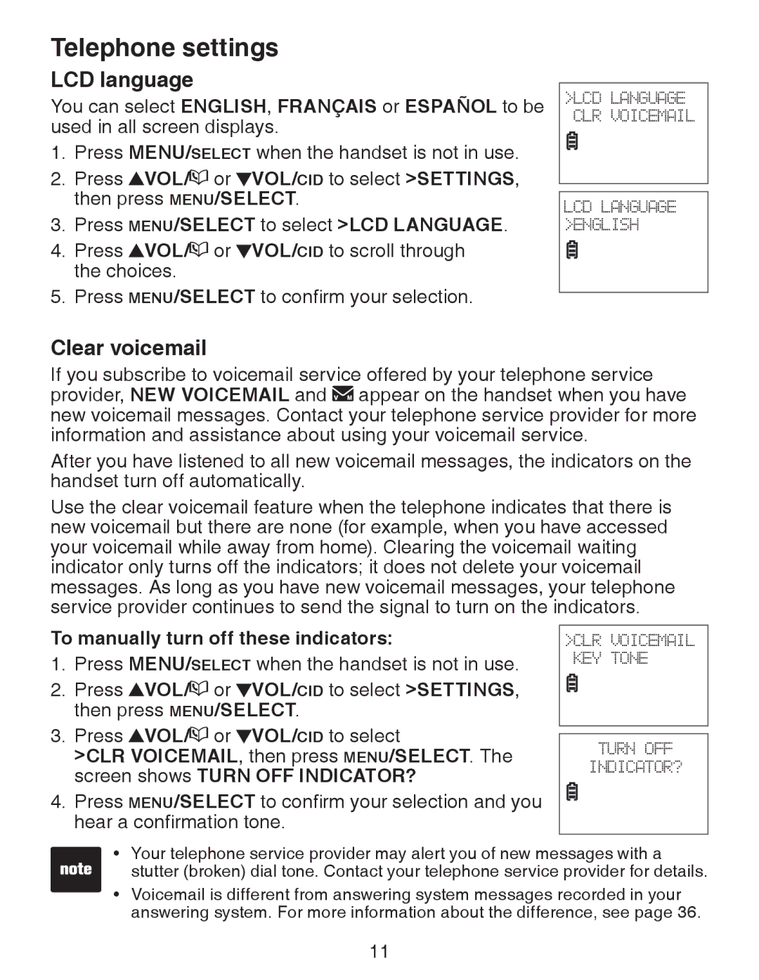 VTech CS6328-2 Clear voicemail, Press MENU/SELECT to select LCD language, To manually turn off these indicators 