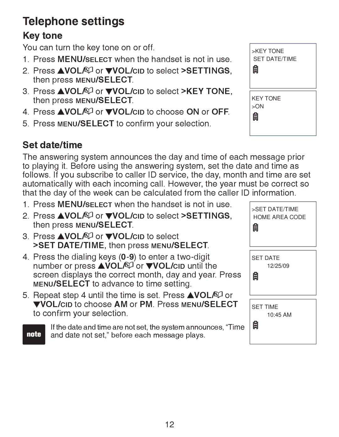 VTech CS6328-3, CS6329-5, CS6329-4, CS6328-5, CS6329-2, CS6328-4, CS6328-2 Key tone, Set date/time, then press MENU/SELECT 