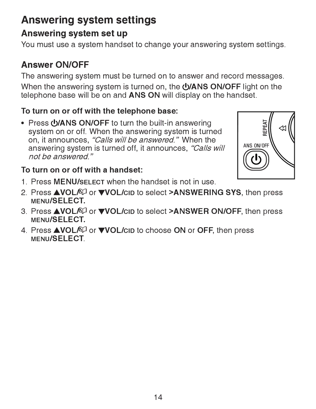 VTech CS6329-5 Answering system settings, Answering system set up, Answer ON/OFF, To turn on or off with a handset 