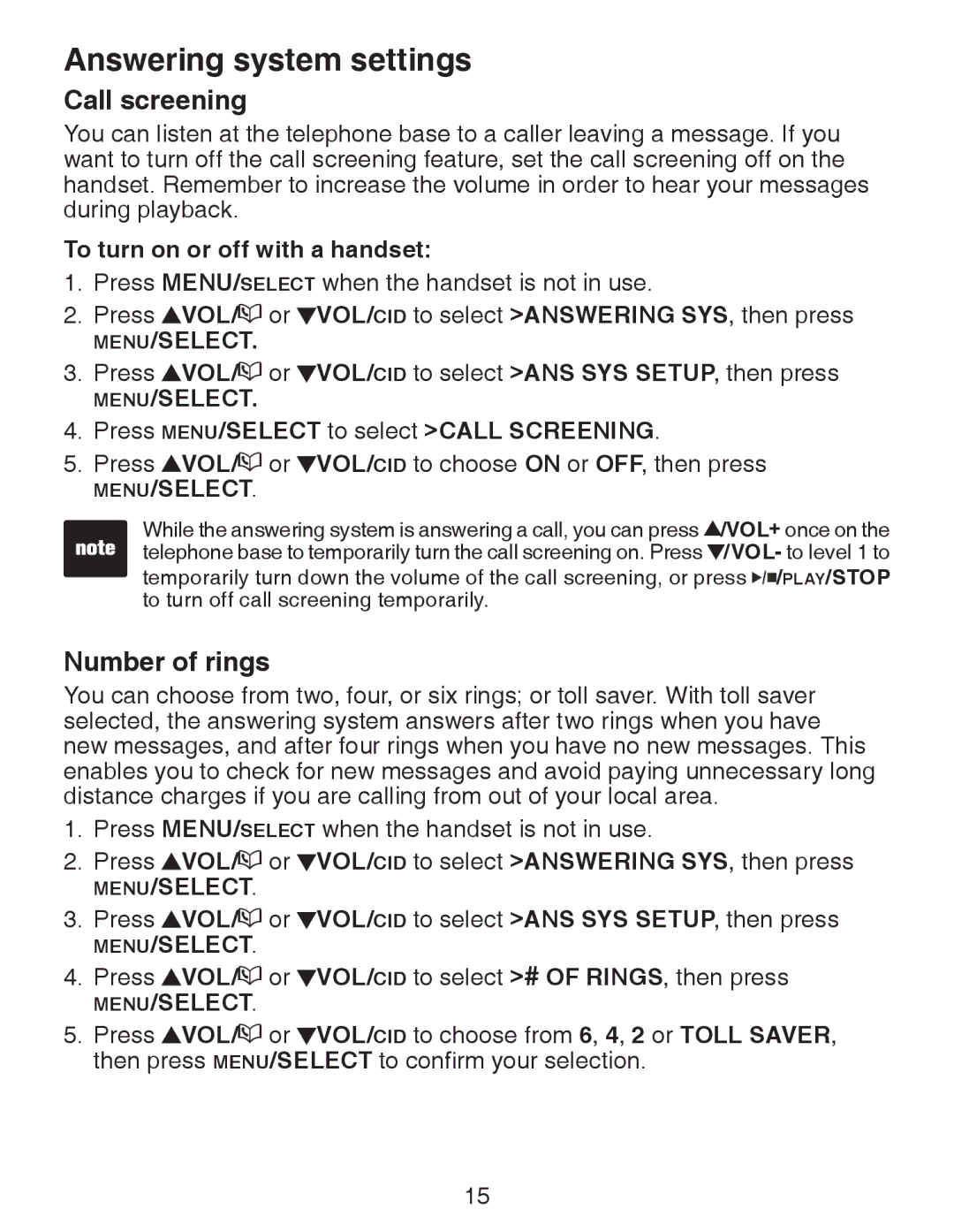 VTech CS6329-4, CS6329-5, CS6328-5, CS6329-2, CS6328-4 Number of rings, Press MENU/SELECT to select Call screening 