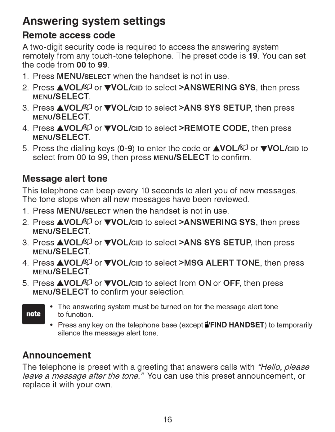 VTech CS6328-5, CS6329-5, CS6329-4, CS6329-2, CS6328-4, CS6328-2, CS6328-3 Remote access code, Message alert tone, Announcement 