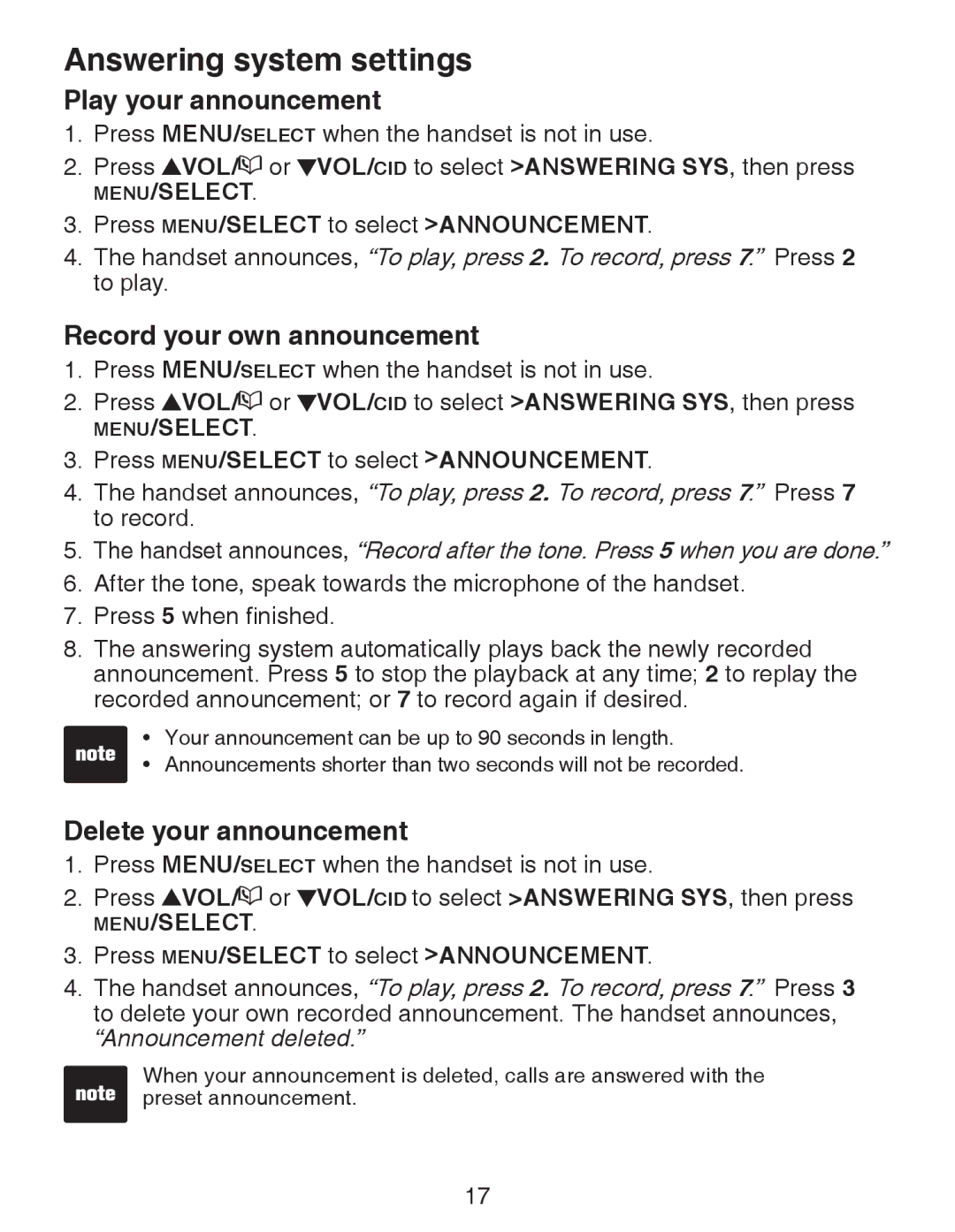 VTech CS6329-2, CS6329-5, CS6329-4, CS6328-5 Play your announcement, Record your own announcement, Delete your announcement 