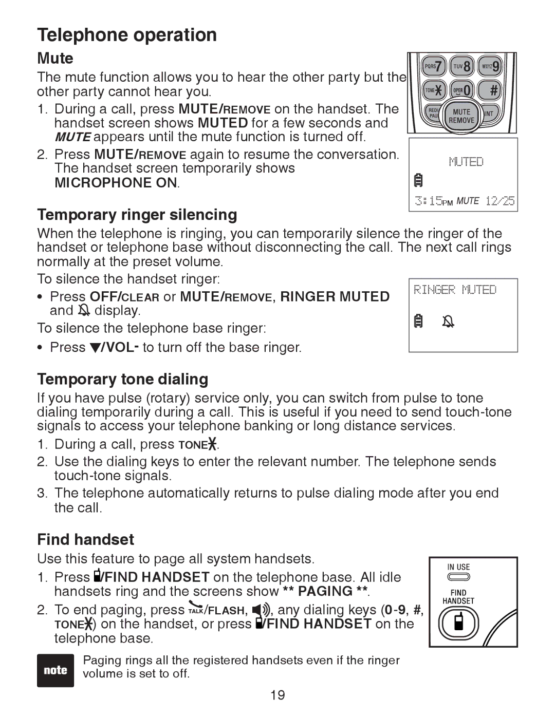 VTech CS6329-5, CS6329-4, CS6328-5, CS6329-2 Mute, Temporary ringer silencing, Temporary tone dialing, Find handset 