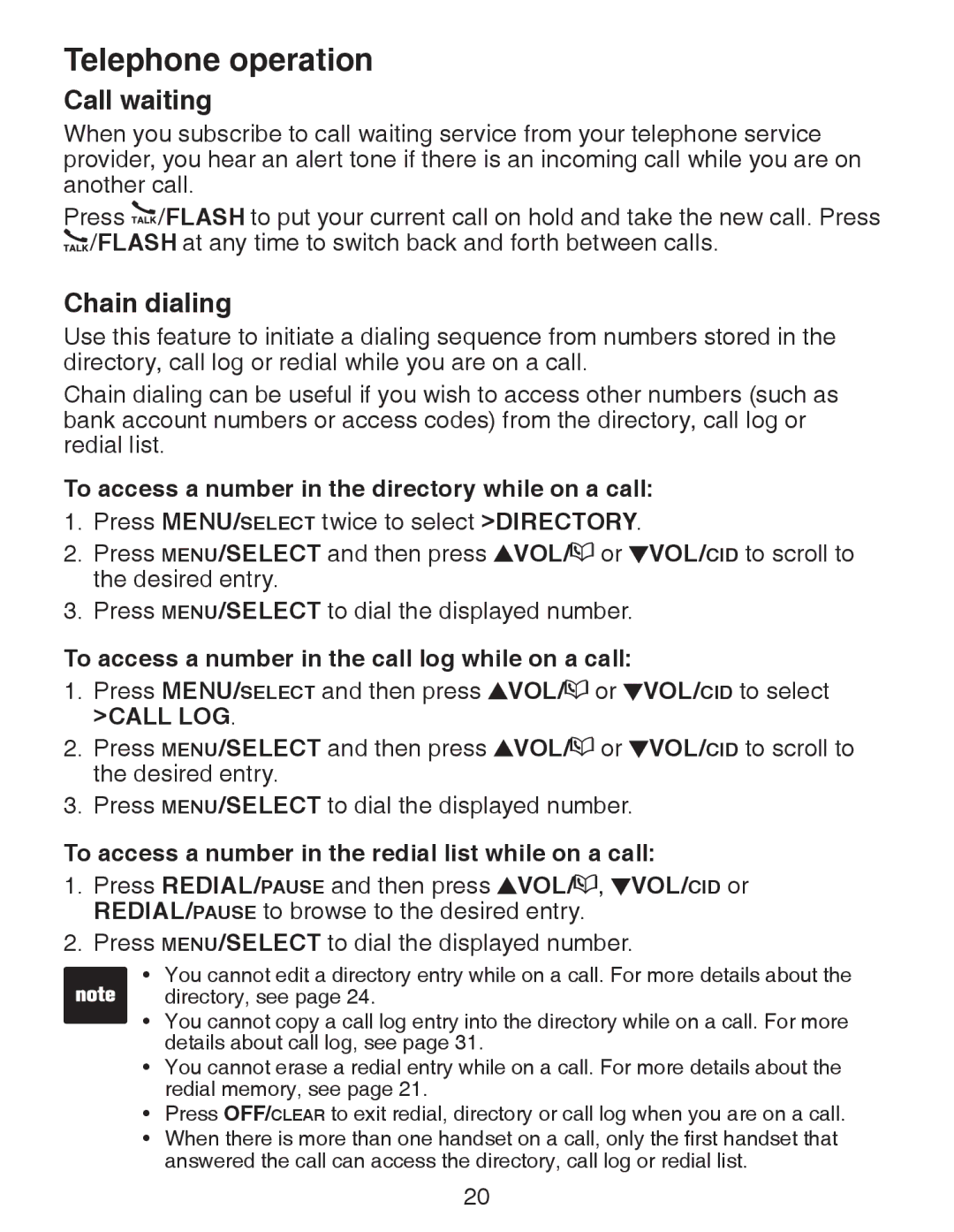 VTech CS6328-2, CS6329-5, CS6329-4 Call waiting, Chain dialing, To access a number in the directory while on a call 