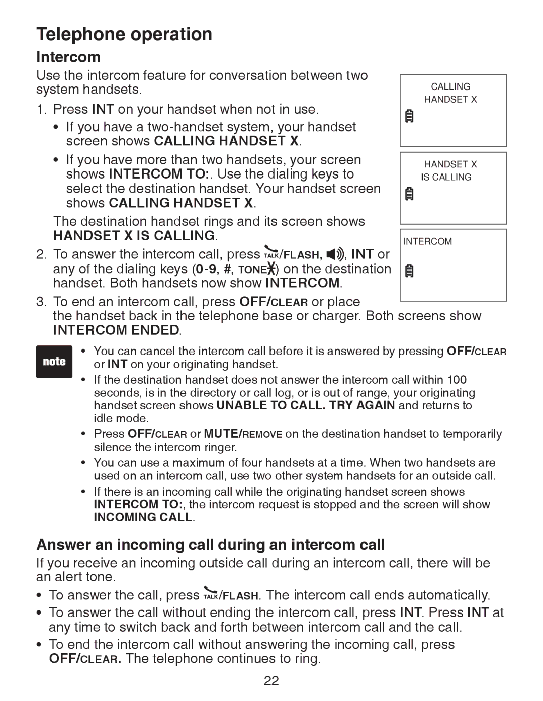 VTech CS6329-3, CS6329-5, CS6329-4 Intercom, Answer an incoming call during an intercom call, Screen shows Calling handset 