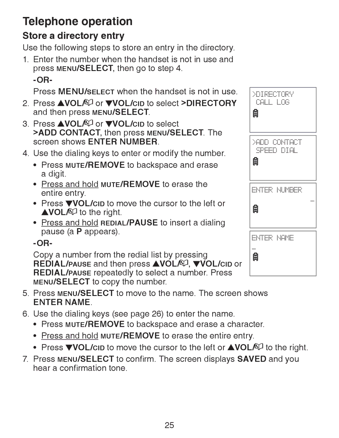 VTech CS6328-5, CS6329-5, CS6329-4, CS6329-2, CS6328-4, CS6328-2, CS6328-3, CS6329-3 Store a directory entry, Enter Name 