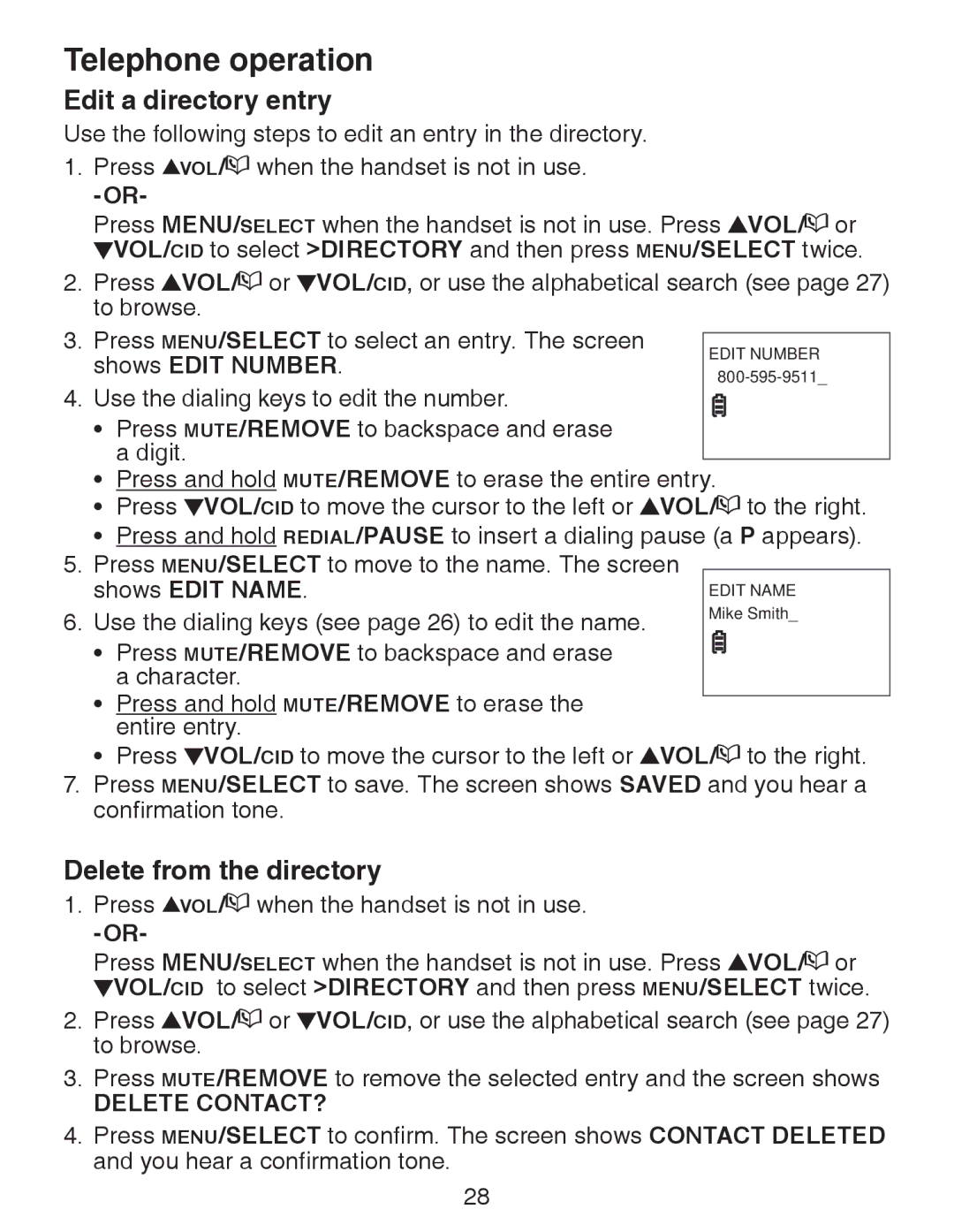 VTech CS6329-5, CS6329-4, CS6328-5 Edit a directory entry, Delete from the directory, Shows Edit Number, Delete contact? 