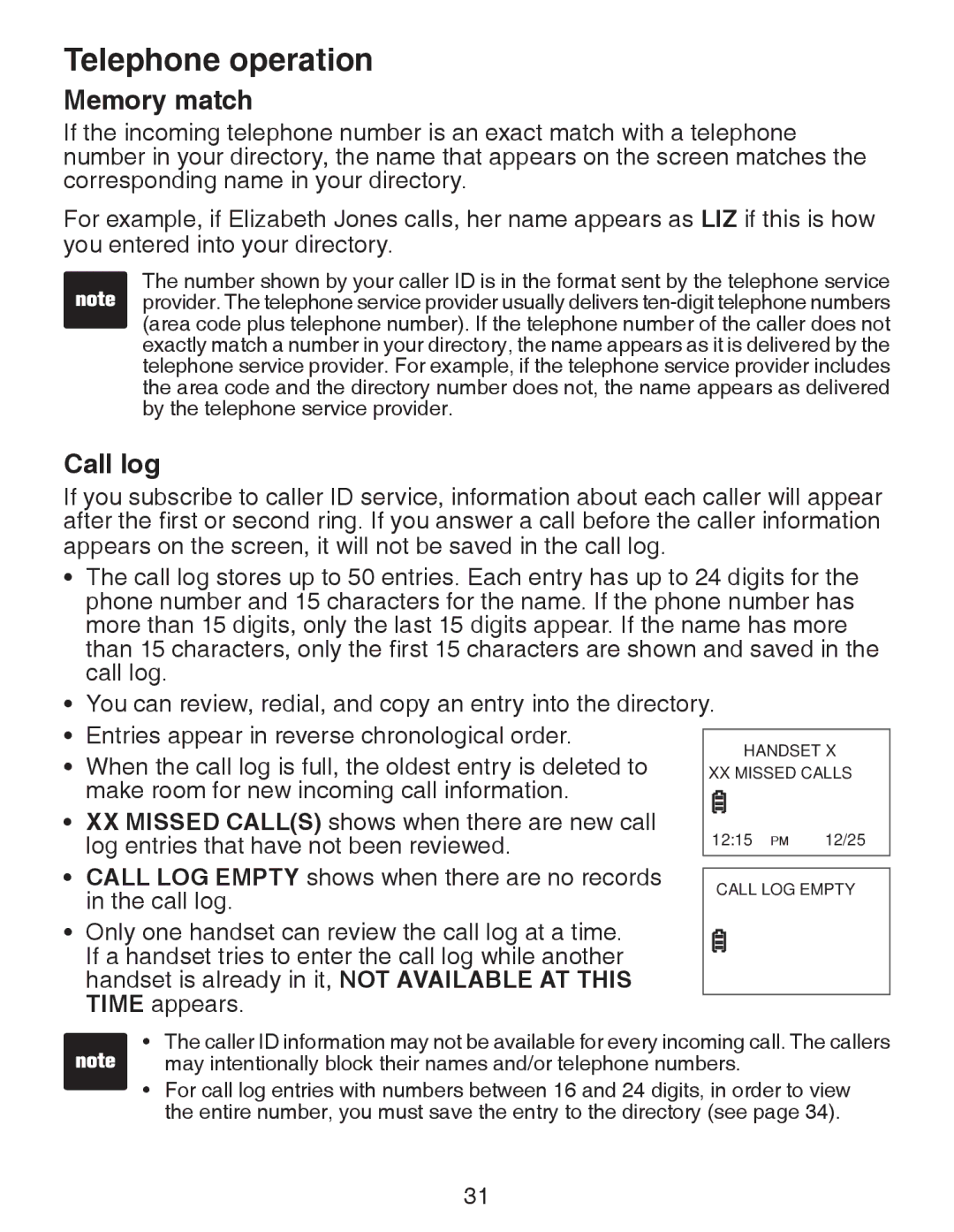 VTech CS6329-3, CS6329-5, CS6329-4, CS6328-5, CS6329-2, CS6328-4, CS6328-2, CS6328-3 user manual Memory match, Call log 