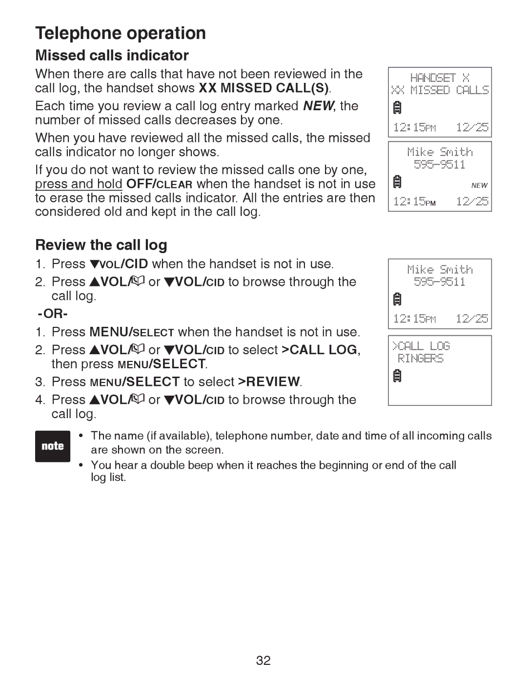 VTech CS6329-5, CS6329-4, CS6328-5, CS6329-2, CS6328-4, CS6328-2, CS6328-3, CS6329-3 Missed calls indicator, Review the call log 