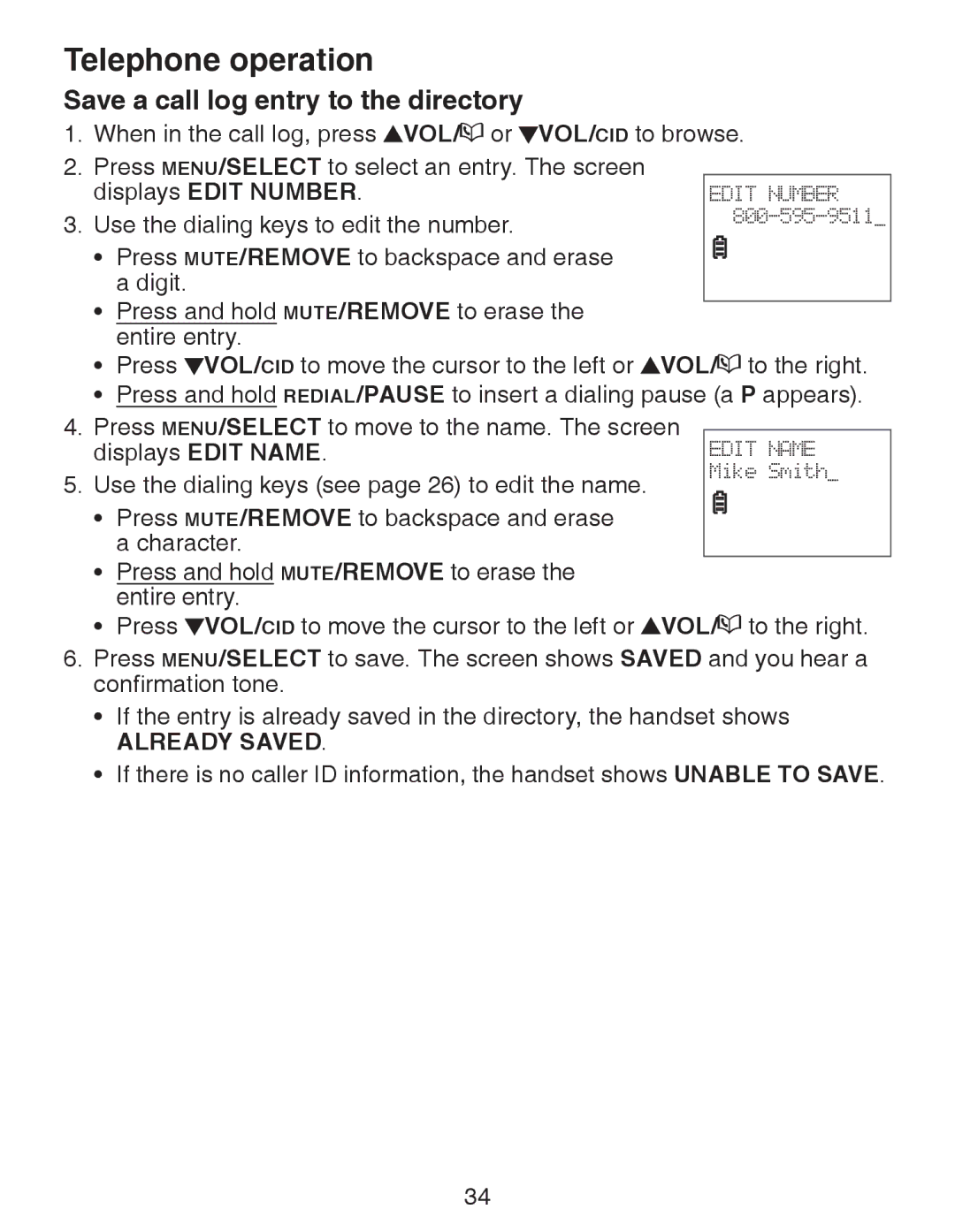 VTech CS6328-5, CS6329-5, CS6329-4, CS6329-2, CS6328-4, CS6328-2 Save a call log entry to the directory, Displays Edit Number 