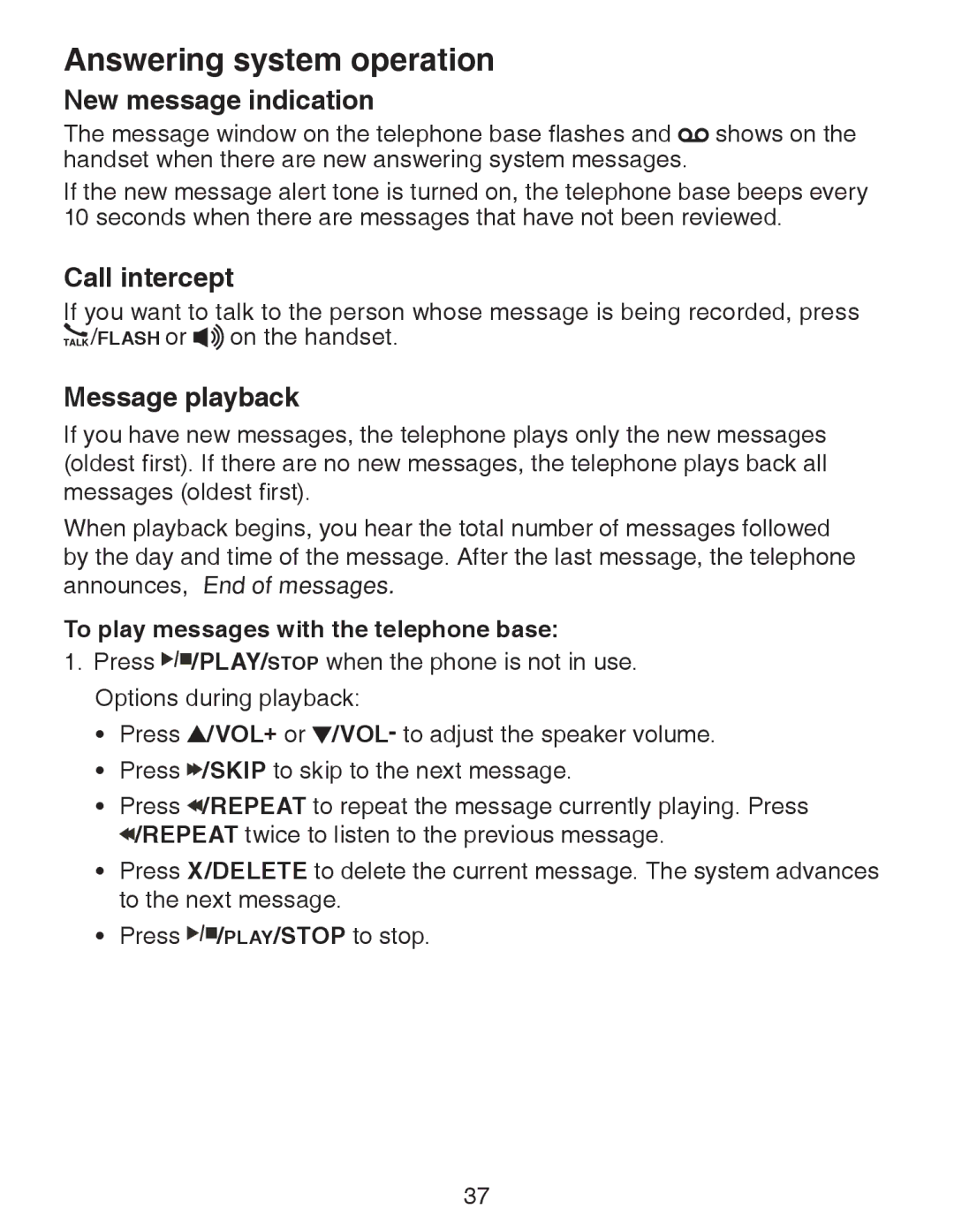 VTech CS6329-5 New message indication, Call intercept, Message playback, To play messages with the telephone base 