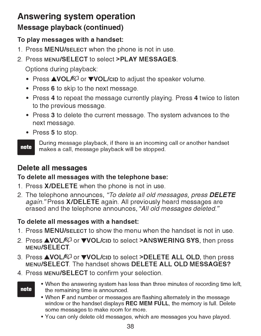 VTech CS6328-2 Delete all messages, To play messages with a handset, To delete all messages with the telephone base 