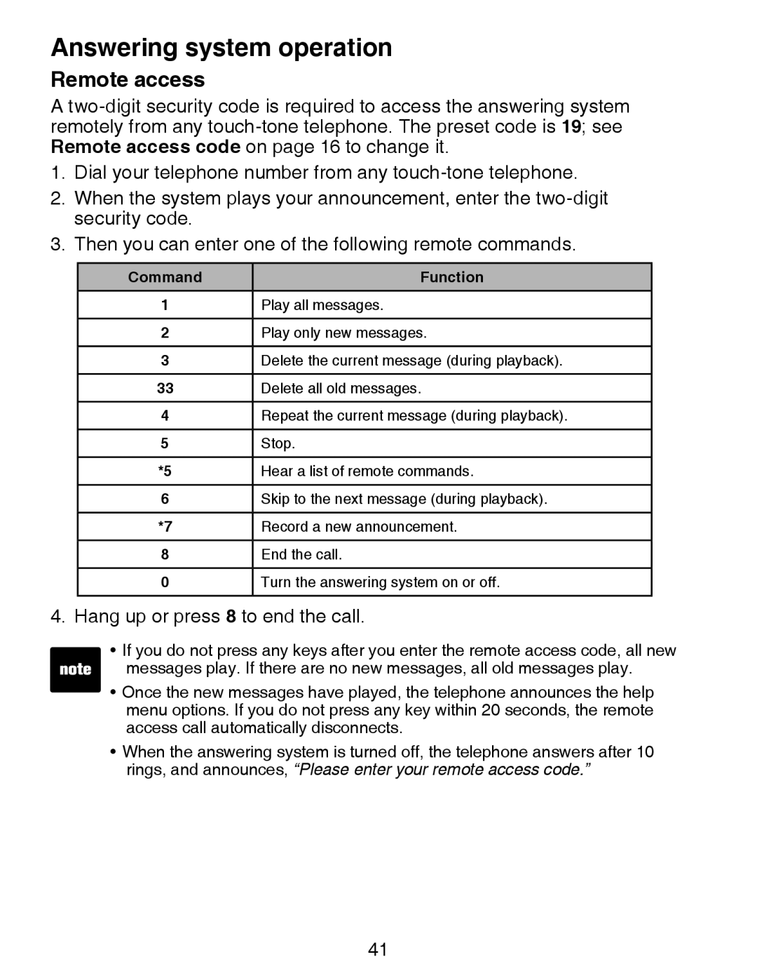 VTech CS6329-5, CS6329-4, CS6328-5, CS6329-2, CS6328-4, CS6328-2, CS6328-3, CS6329-3 user manual Remote access, Command Function 