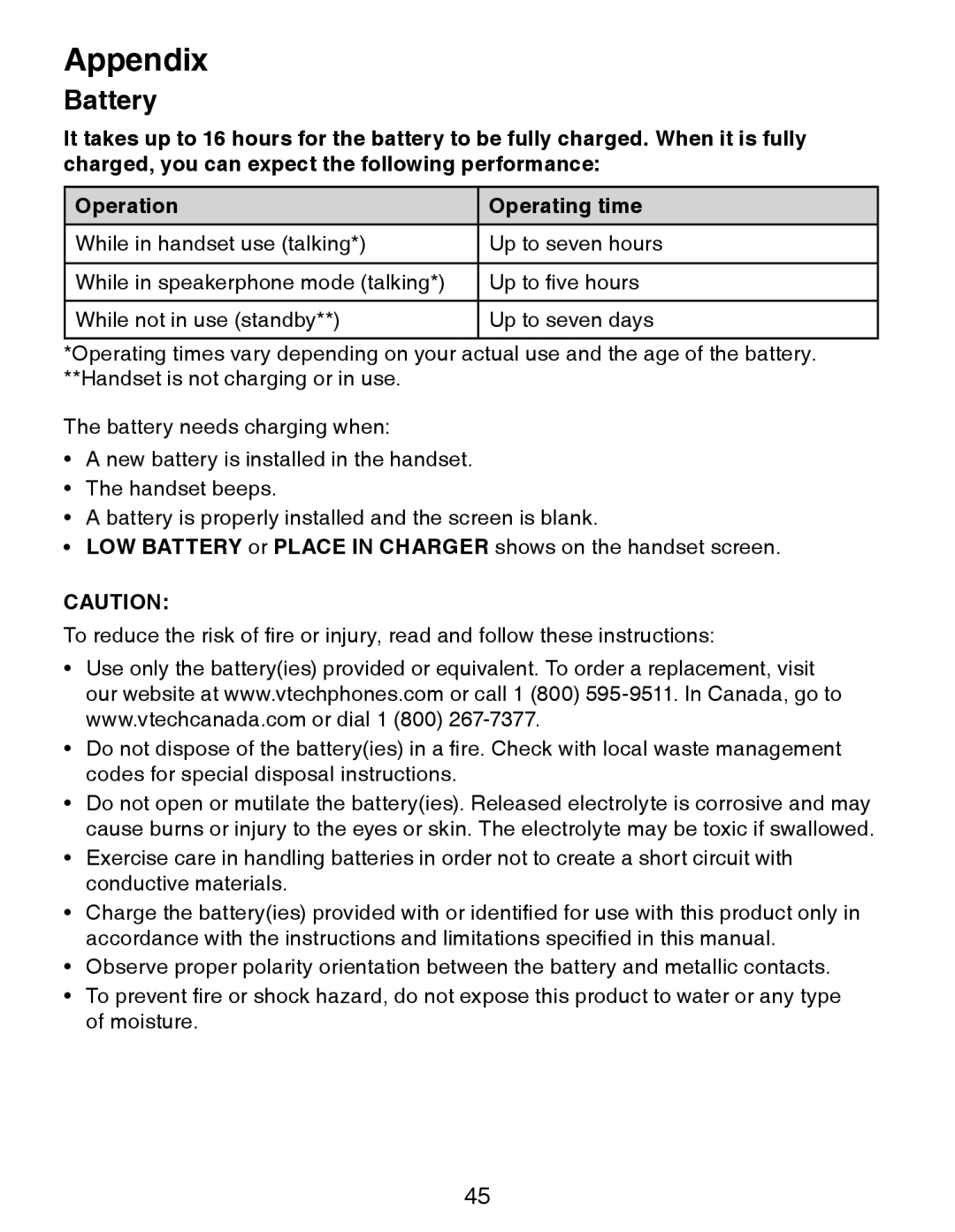 VTech CS6328-4, CS6329-5, CS6329-4, CS6328-5, CS6329-2, CS6328-2, CS6328-3, CS6329-3 user manual Battery 