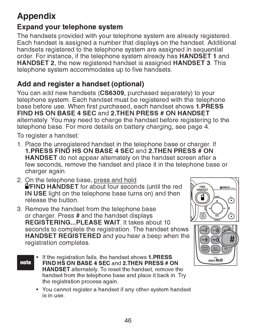 VTech CS6329-5, CS6329-4, CS6328-5, CS6329-2, CS6328-4 Expand your telephone system, Add and register a handset optional 