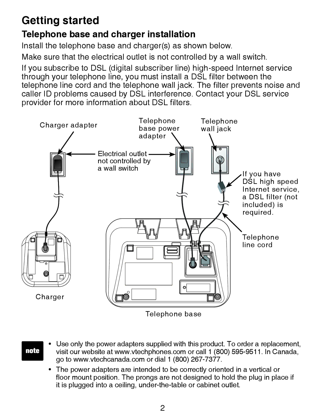 VTech CS6328-2, CS6329-5, CS6329-4, CS6328-5, CS6329-2, CS6328-4, CS6328-3, CS6329-3 Telephone base and charger installation 