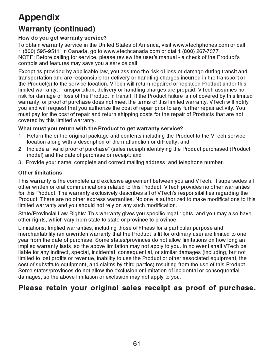 VTech CS6328-5, CS6329-5, CS6329-4, CS6329-2, CS6328-4, CS6328-2, CS6328-3, CS6329-3 user manual How do you get warranty service? 