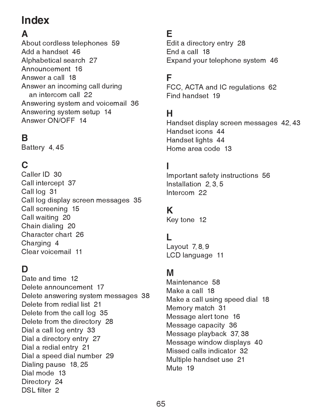 VTech CS6328-2, CS6329-5, CS6329-4, CS6328-5, CS6329-2, CS6328-4, CS6328-3, CS6329-3 user manual Index 