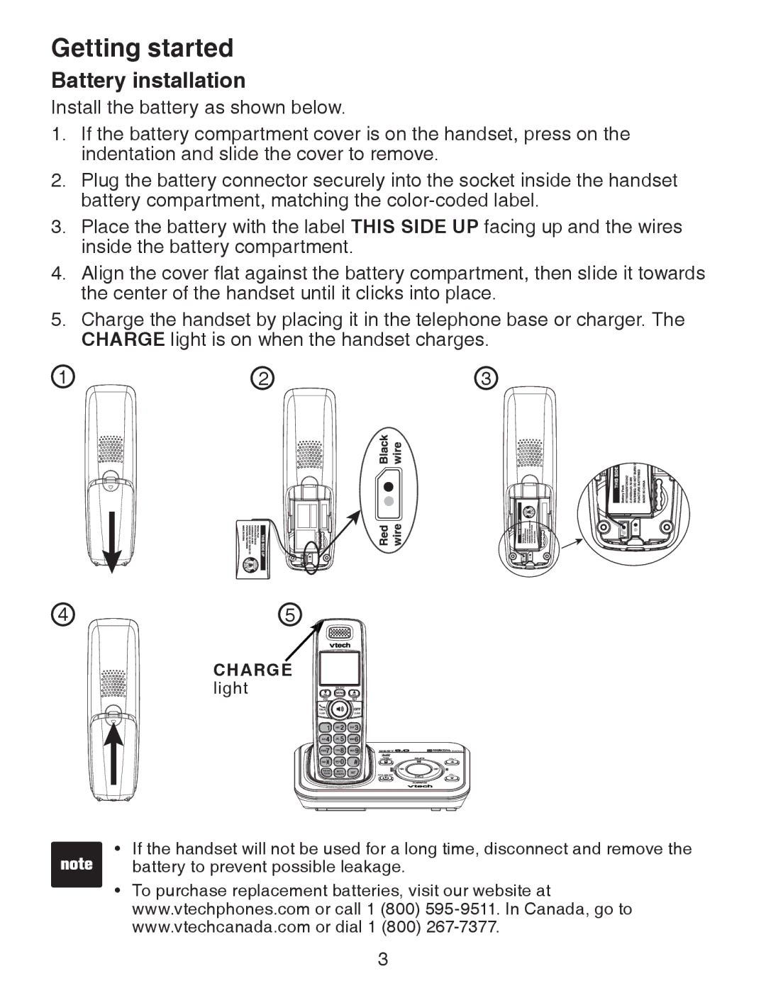 VTech CS6328-3, CS6329-5, CS6329-4, CS6328-5, CS6329-2, CS6328-4, CS6328-2, CS6329-3 Battery installation, Charge light 