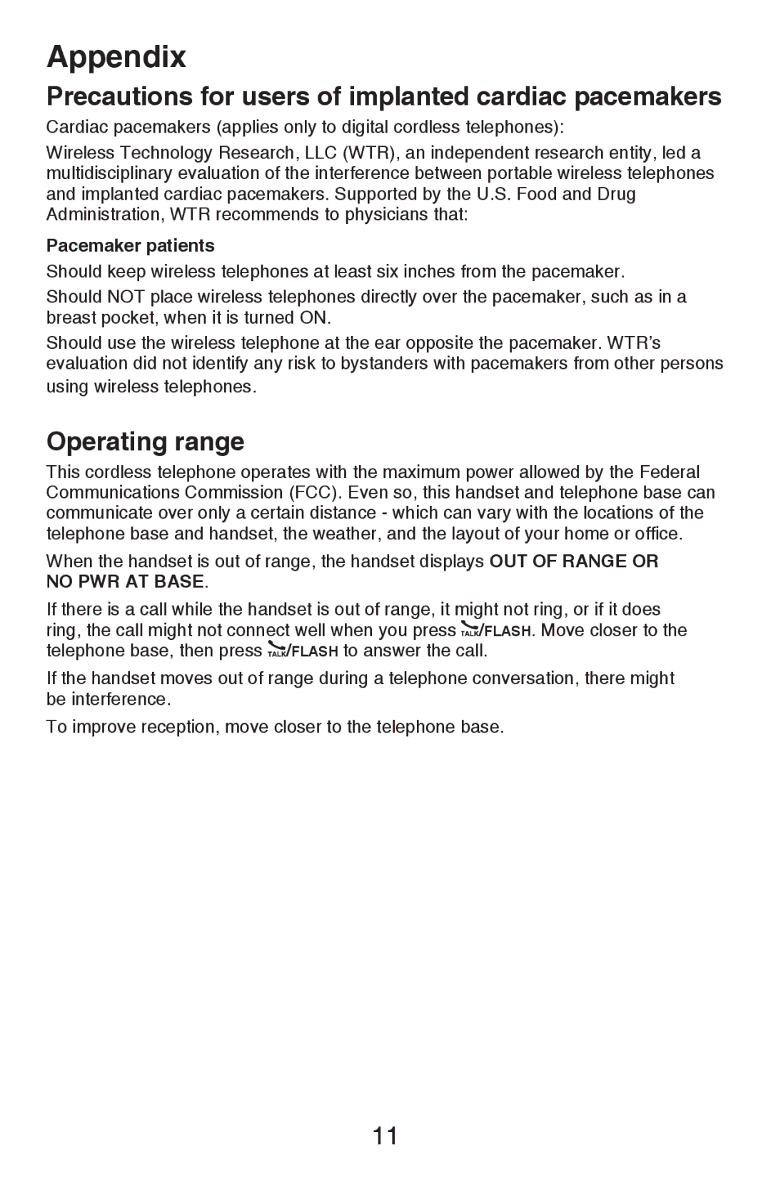 VTech CS6409 user manual Precautions for users of implanted cardiac pacemakers, Operating range 