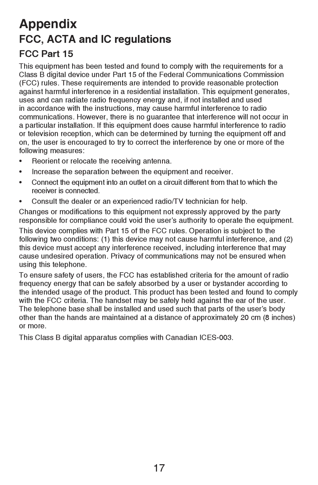 VTech CS6409 user manual FCC, Acta and IC regulations, FCC Part 