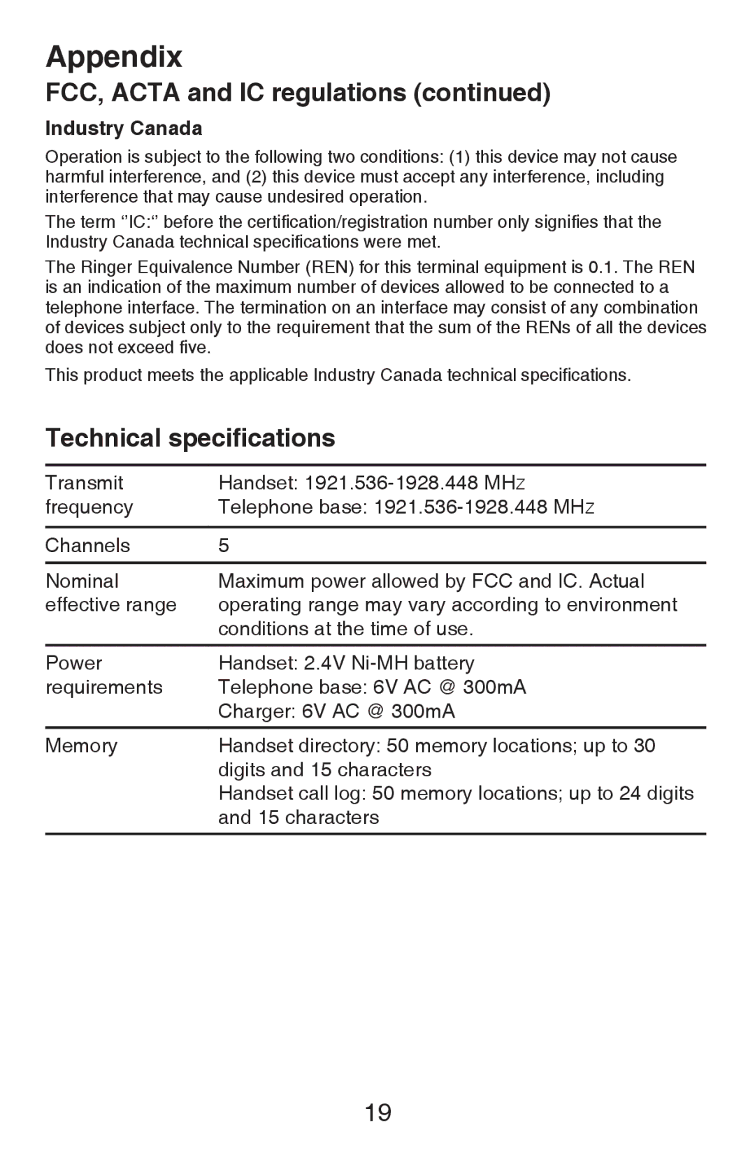 VTech CS6409 user manual Technical specifications, Industry Canada 