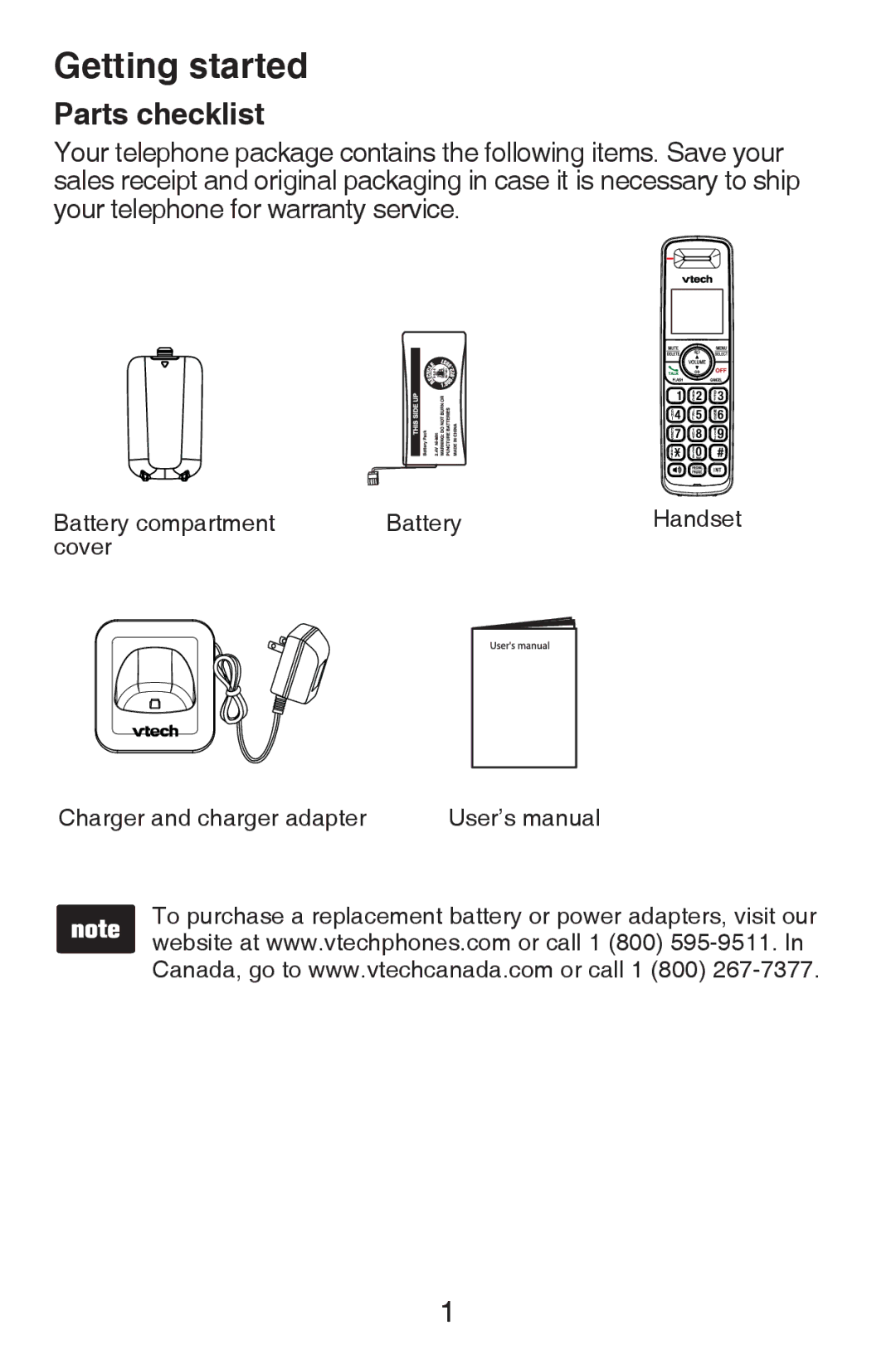 VTech CS6409 user manual Getting started, Parts checklist 