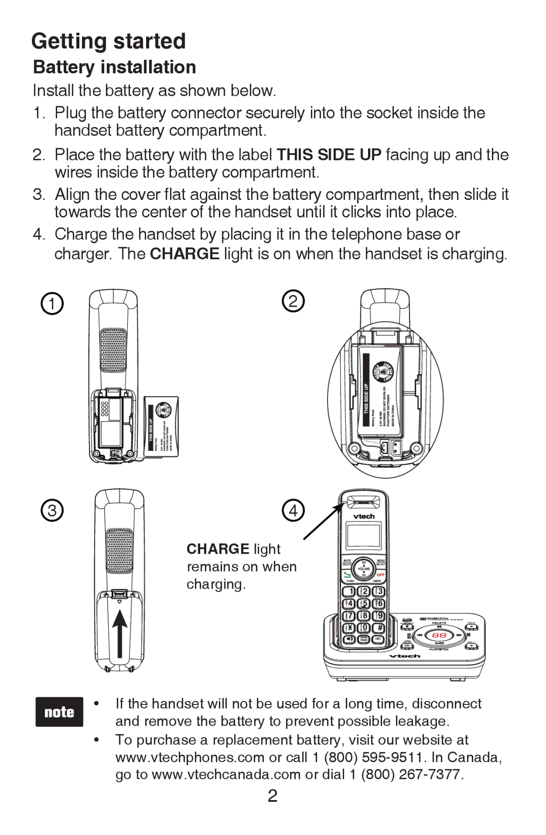 VTech CS6409 user manual Battery installation, Charge light remains on when charging 