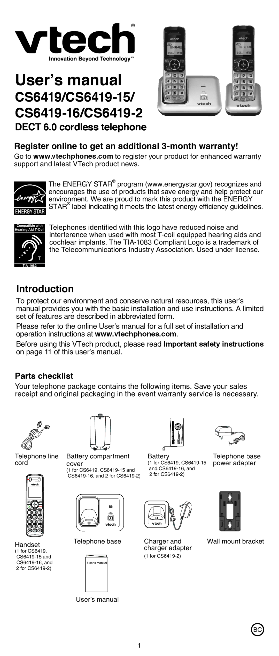 VTech CS6419-15 user manual User’s manual, Parts checklist 