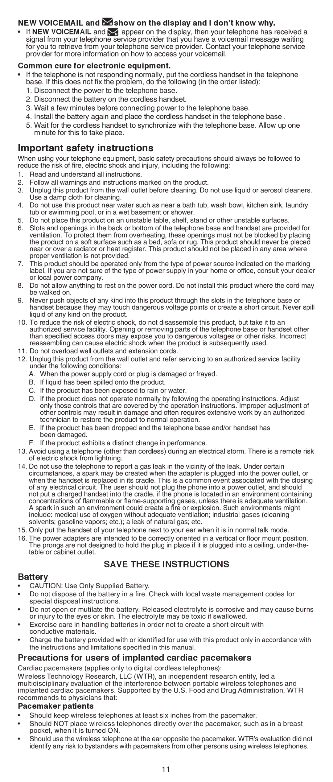 VTech CS6419-15 user manual Important safety instructions, Battery, Precautions for users of implanted cardiac pacemakers 