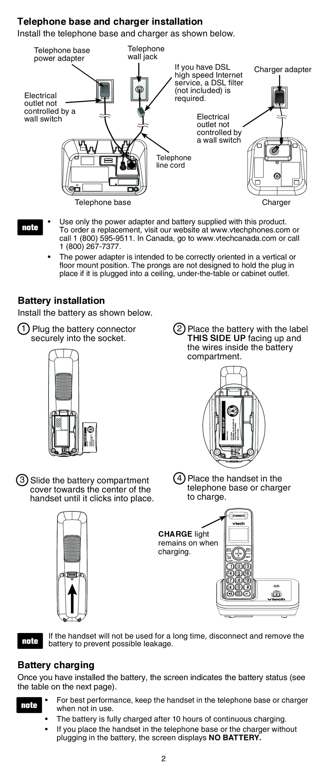 VTech CS6419-15 user manual Telephone base and charger installation, Battery installation, Battery charging, Charge light 