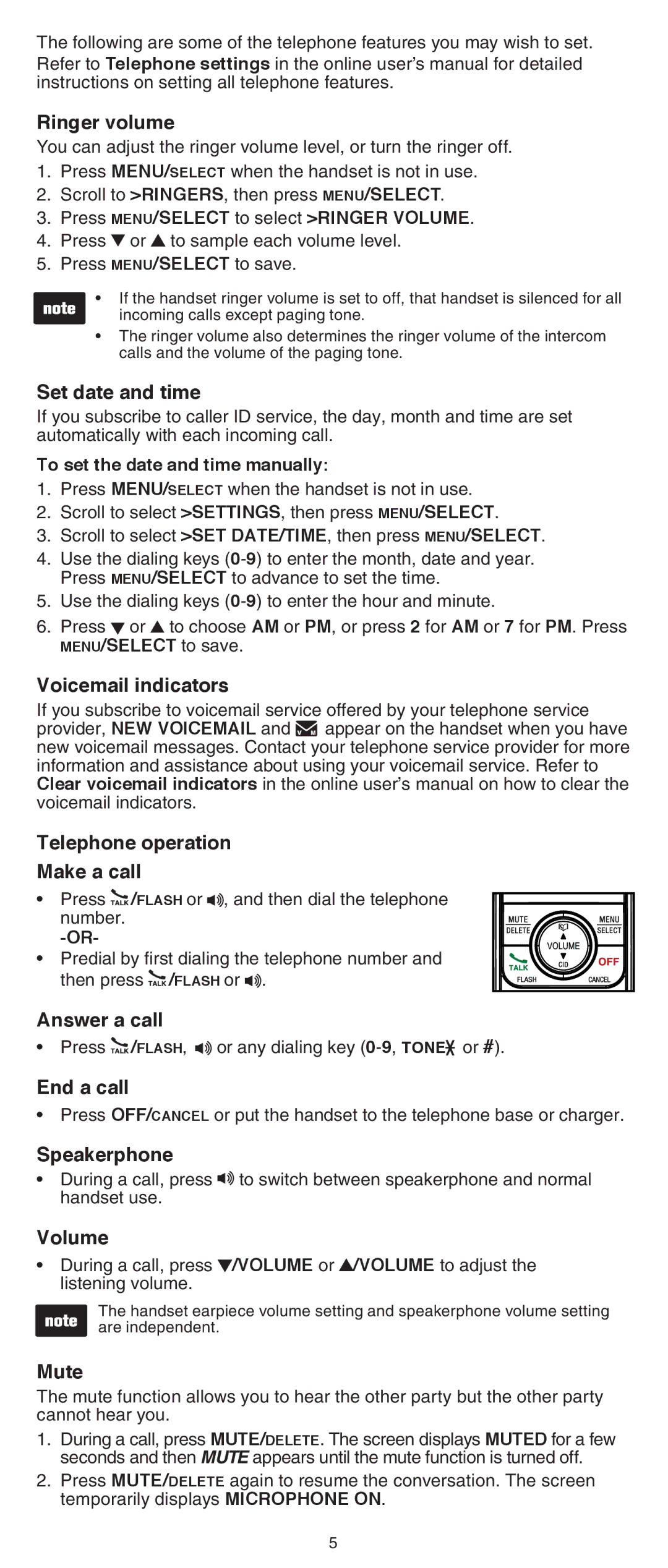 VTech CS6419-15 Ringer volume, Set date and time, Voicemail indicators, Telephone operation Make a call, Answer a call 