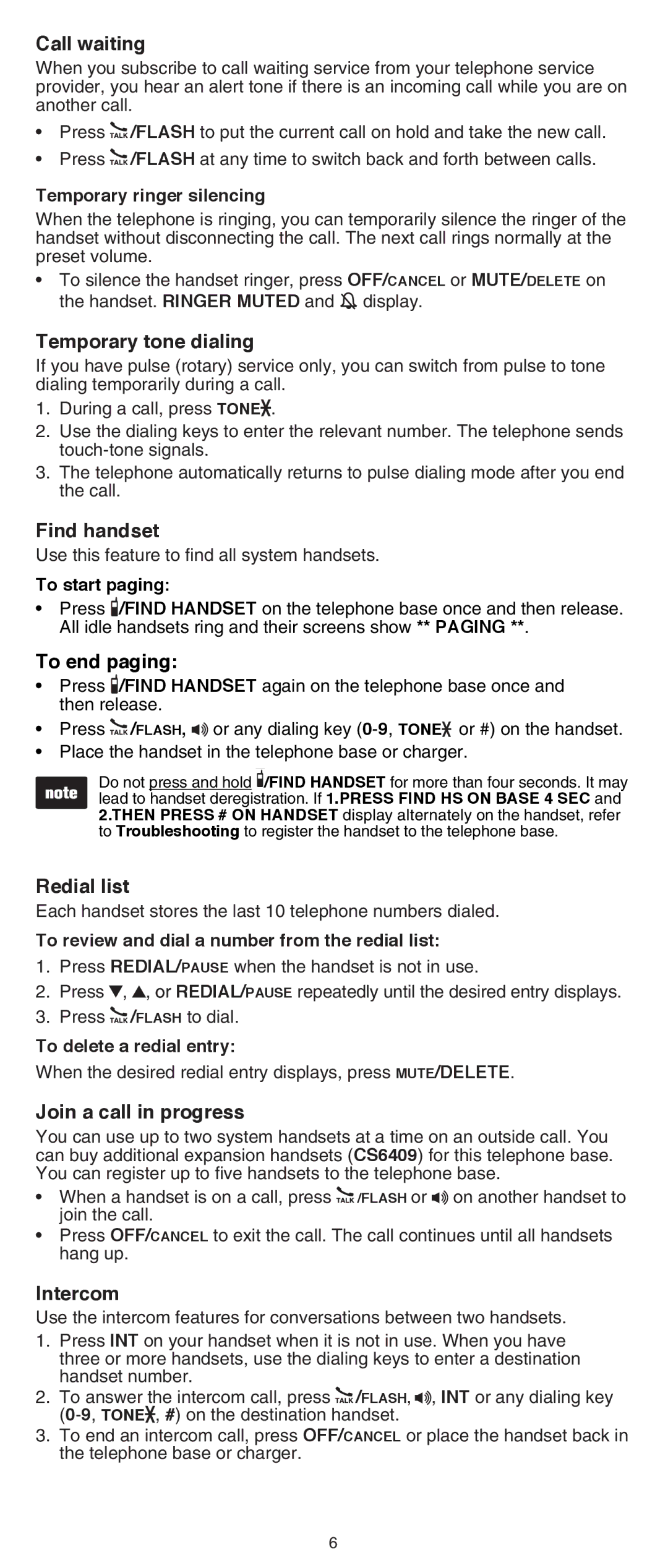 VTech CS6419-15 Call waiting, Temporary tone dialing, Find handset, To end paging, Redial list, Join a call in progress 