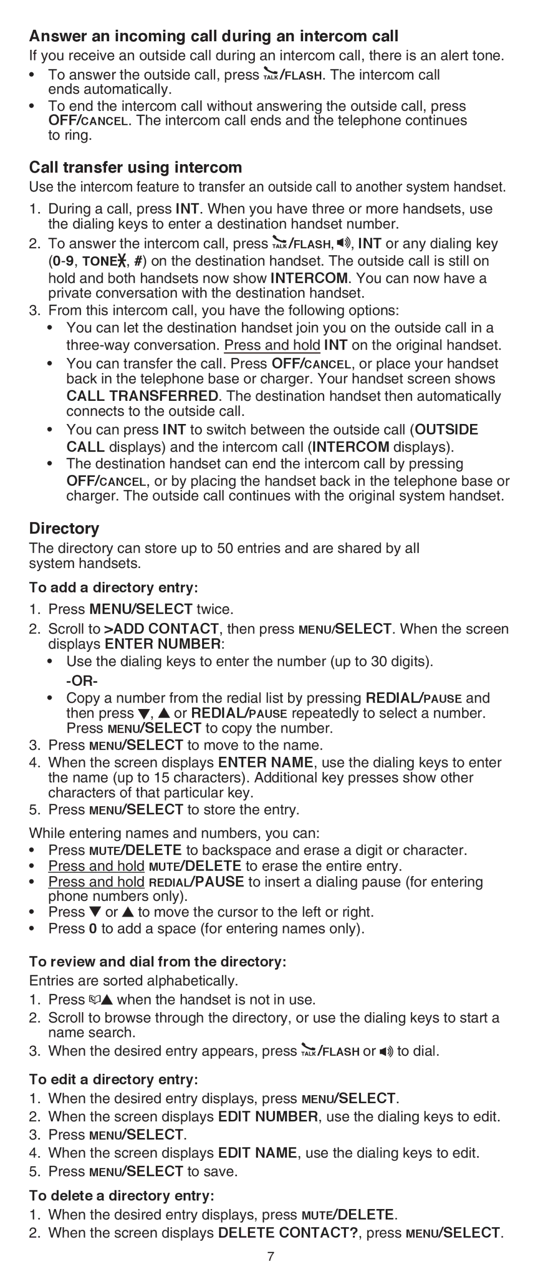 VTech CS6419-15 user manual Answer an incoming call during an intercom call, Call transfer using intercom, Directory 