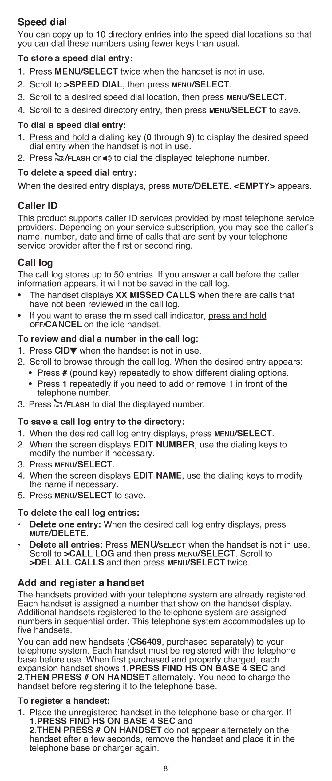 VTech CS6419-15 user manual Speed dial, Caller ID, Call log, Add and register a handset 