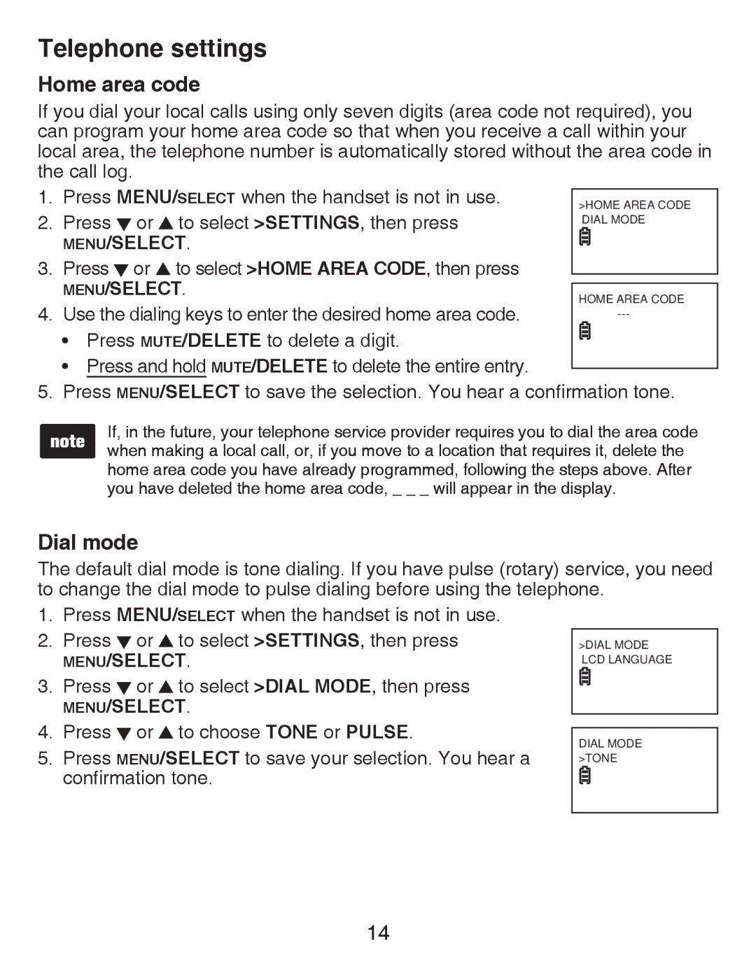 VTech CS6419-15 user manual Home area code, Dial mode 