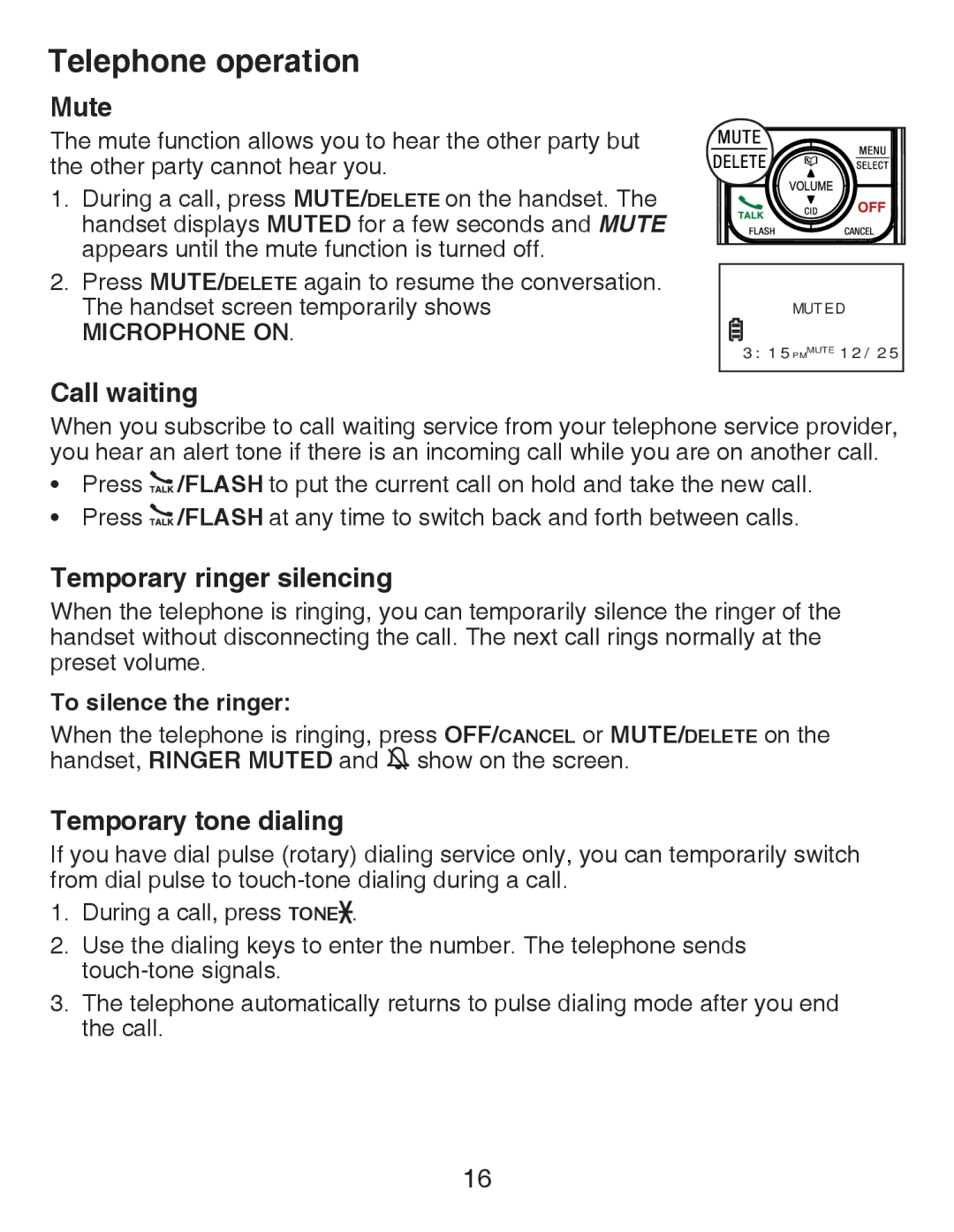 VTech CS6419-15 user manual Mute, Call waiting, Temporary ringer silencing, Temporary tone dialing, To silence the ringer 