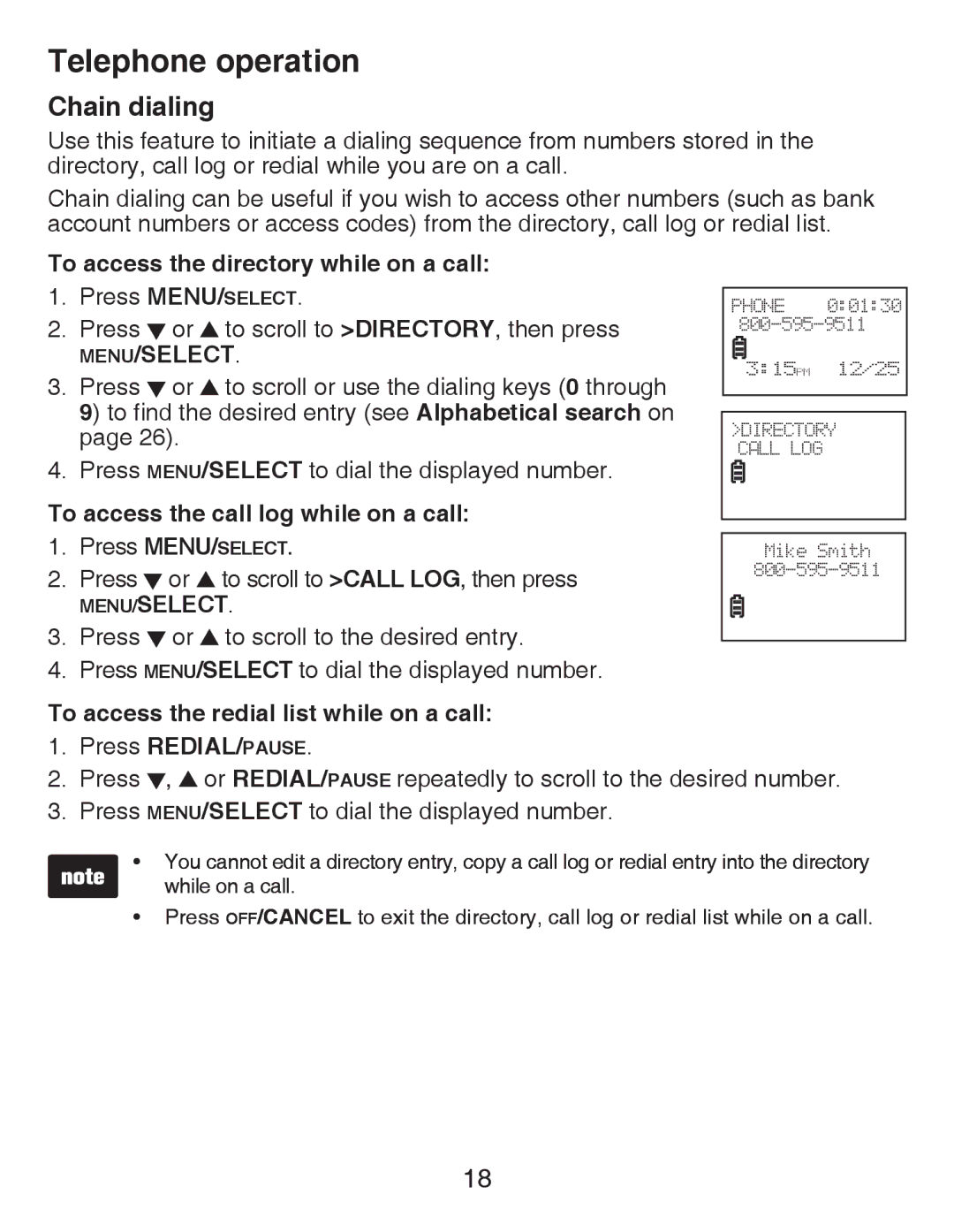 VTech CS6419-15 user manual Chain dialing, To access the directory while on a call, To access the call log while on a call 