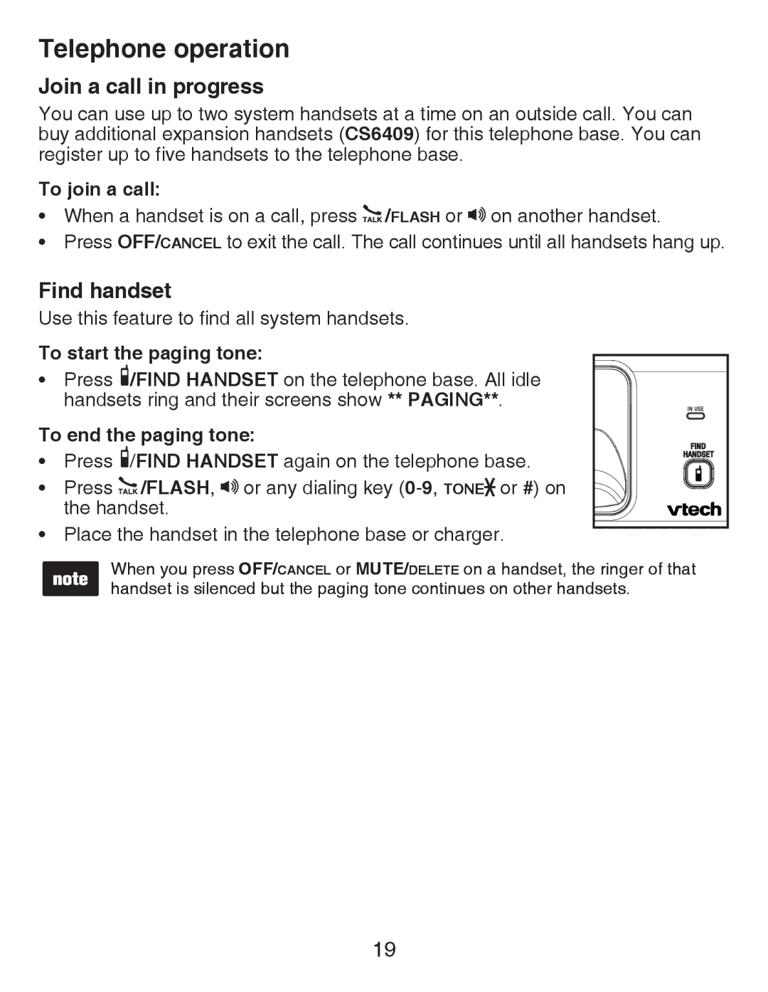 VTech CS6419-15 Join a call in progress, Find handset, To join a call, To start the paging tone, To end the paging tone 