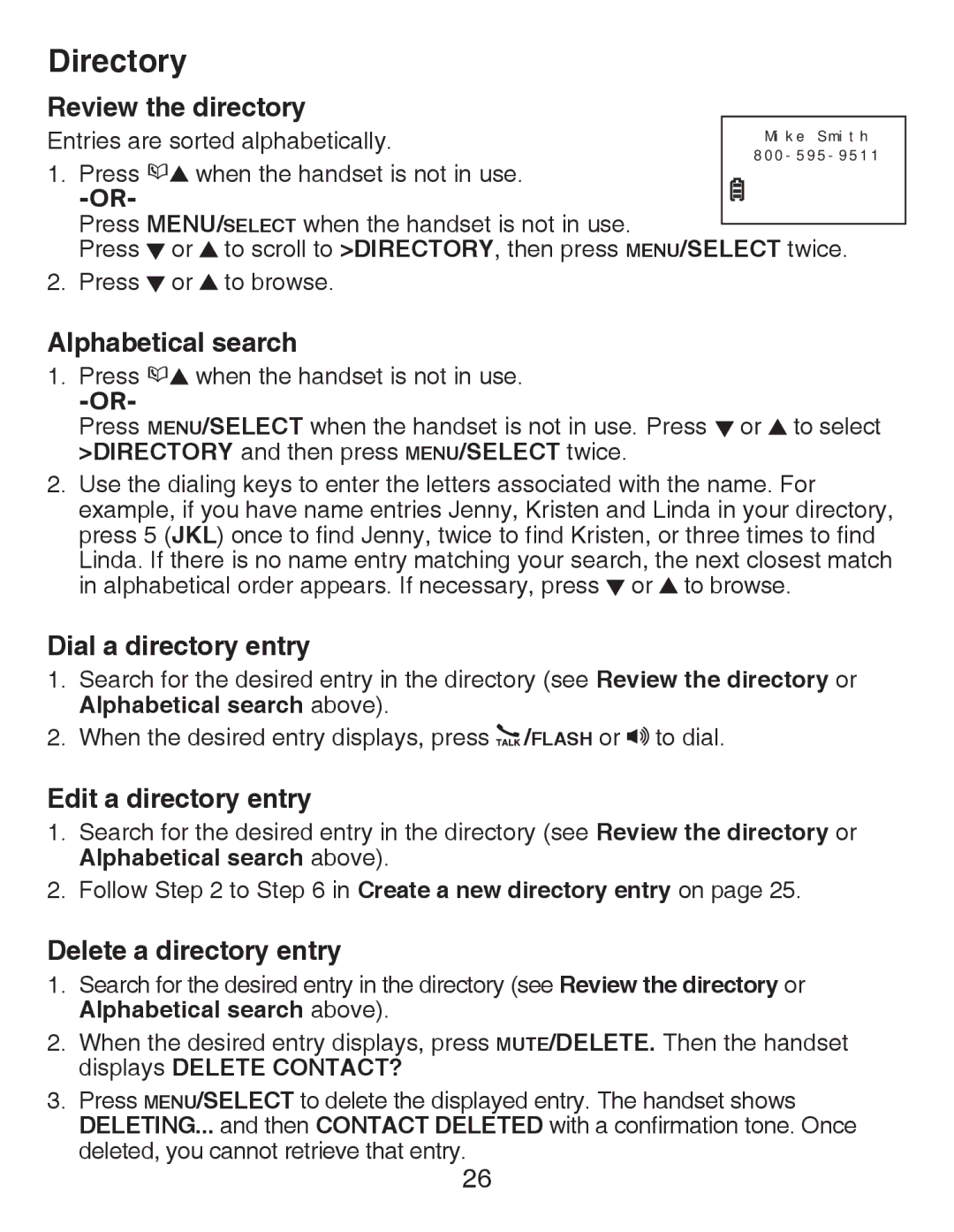 VTech CS6419-15 user manual Review the directory, Alphabetical search, Dial a directory entry, Edit a directory entry 