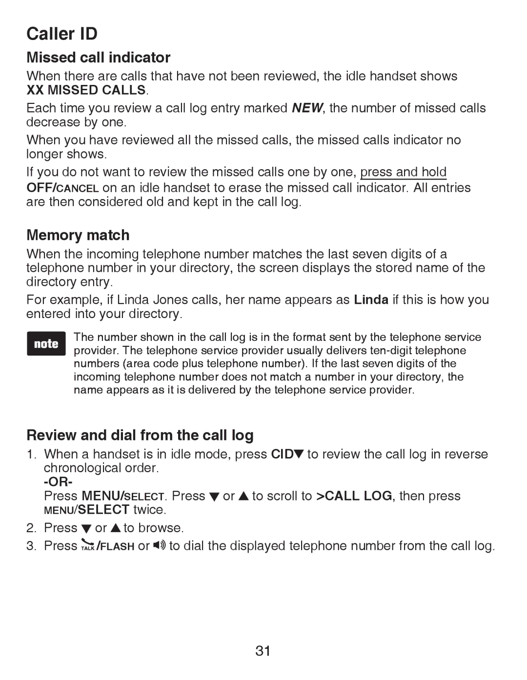 VTech CS6419-15 user manual Missed call indicator, Memory match, Review and dial from the call log 