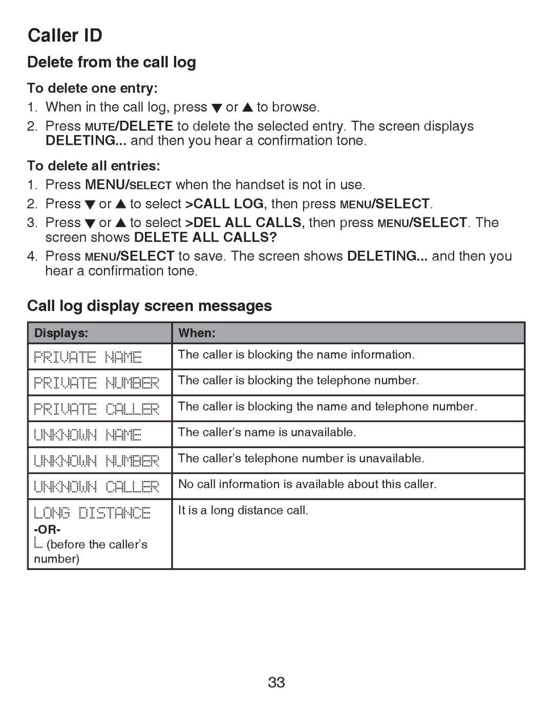 VTech CS6419-15 Delete from the call log, Call log display screen messages, To delete one entry, To delete all entries 