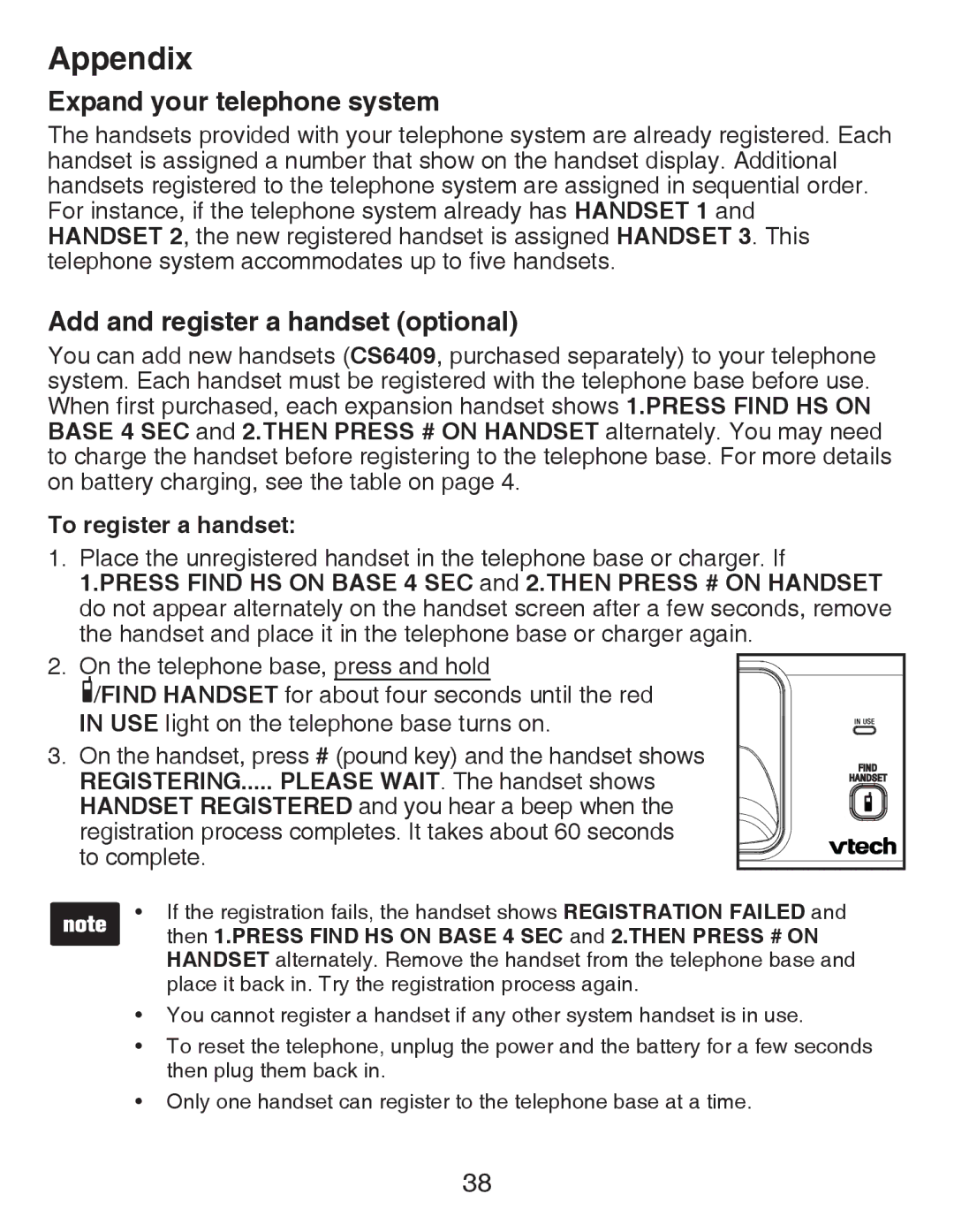 VTech CS6419-15 user manual Expand your telephone system, Add and register a handset optional, To register a handset 