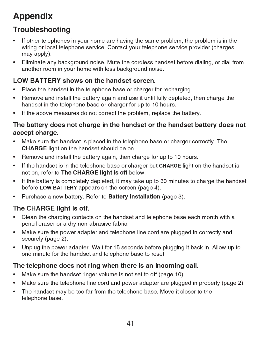 VTech CS6419-15 user manual LOW Battery shows on the handset screen, Charge light is off 