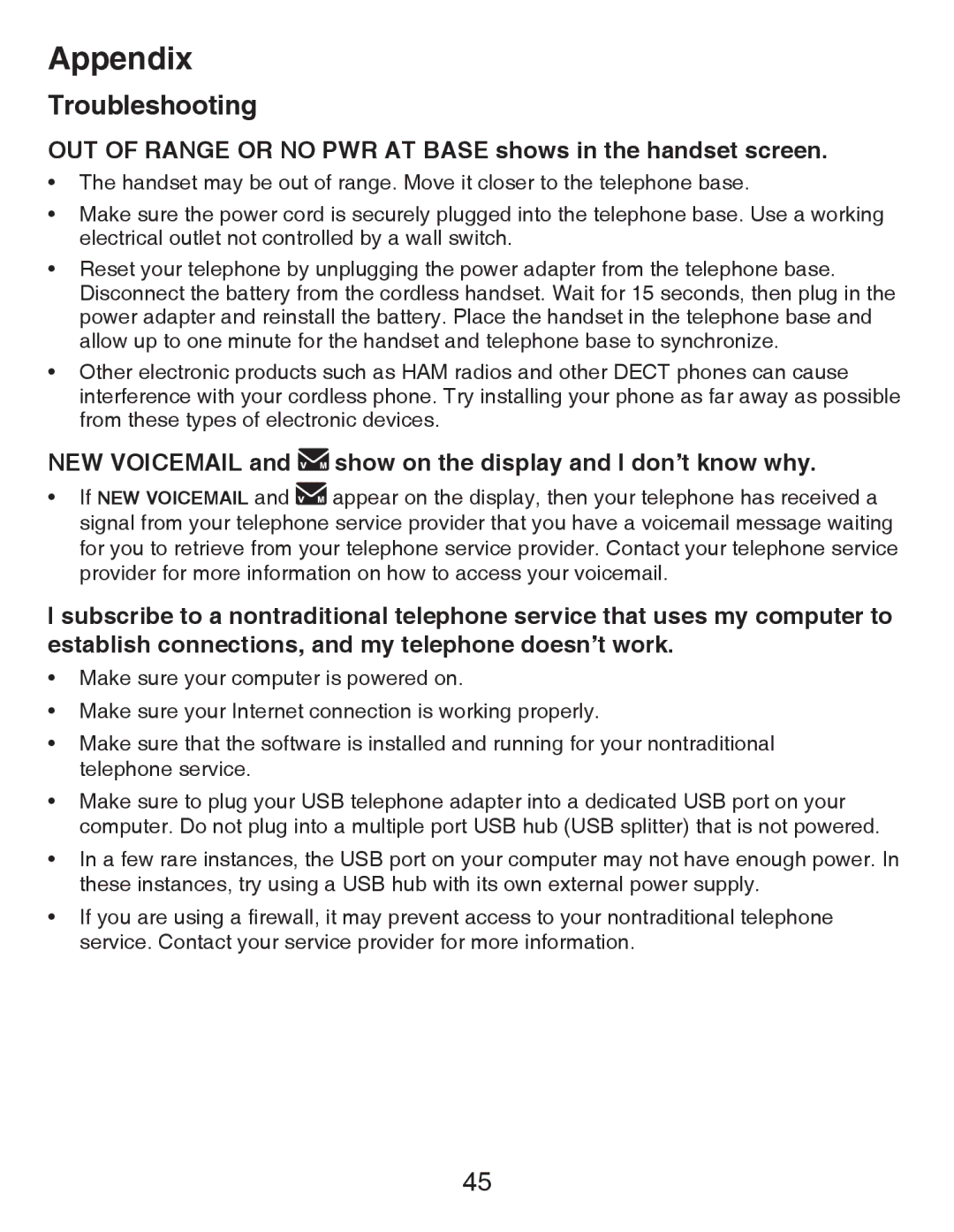 VTech CS6419-15 user manual OUT of Range or no PWR AT Base shows in the handset screen 