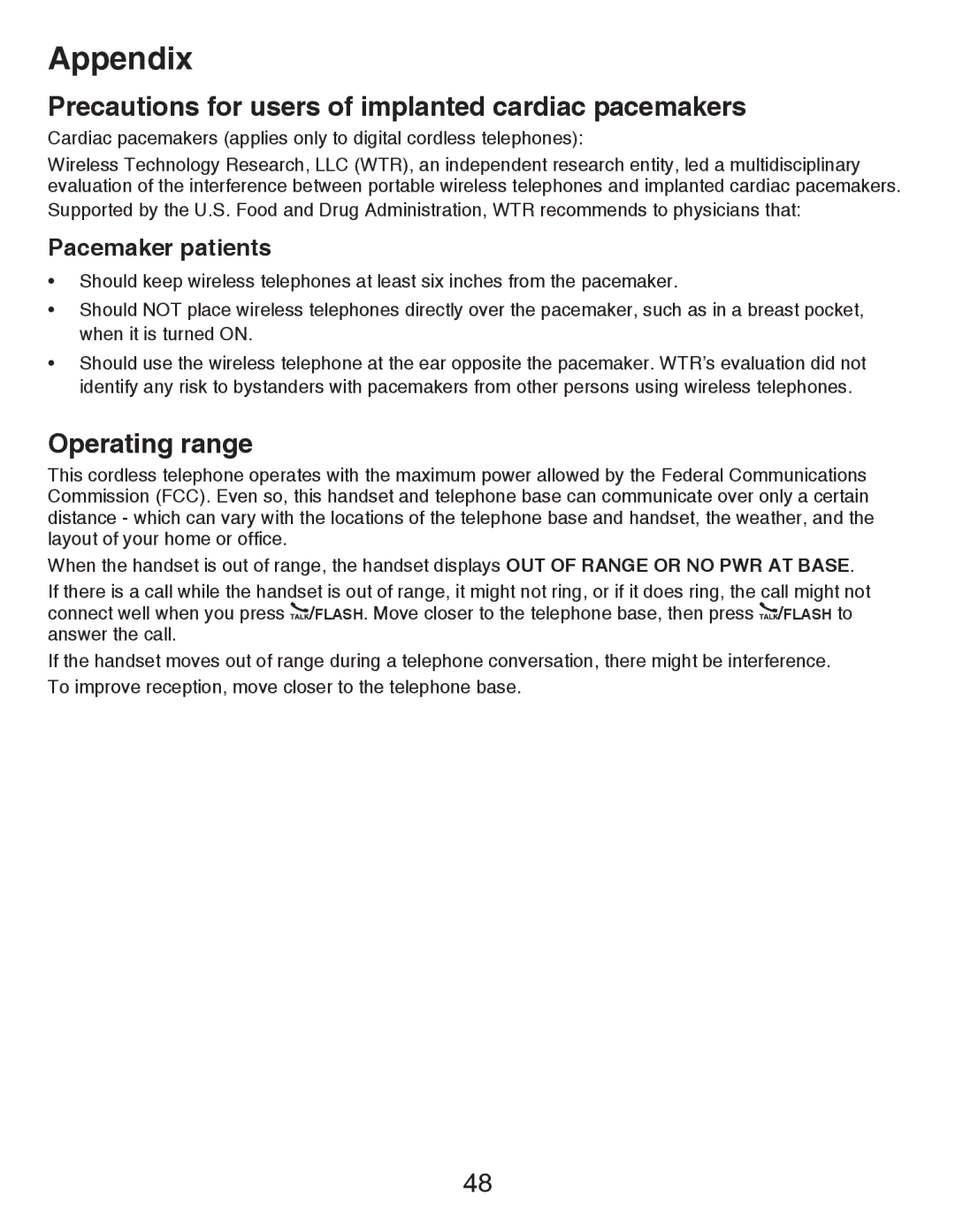 VTech CS6419-15 user manual Precautions for users of implanted cardiac pacemakers, Operating range, Pacemaker patients 