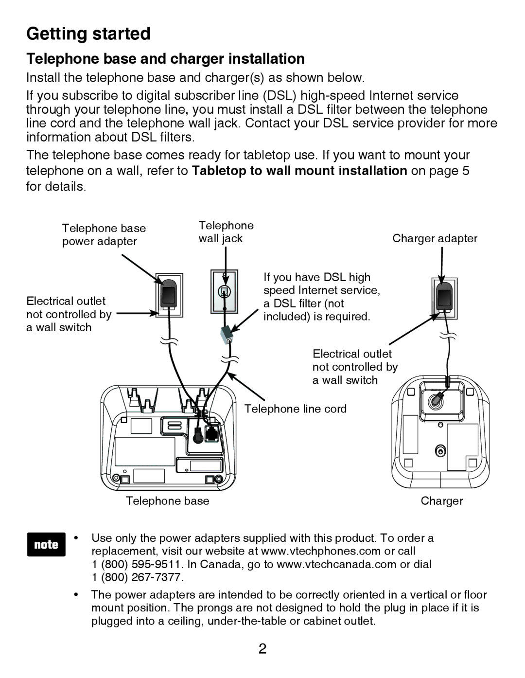 VTech CS6419-15 user manual Telephone base and charger installation 