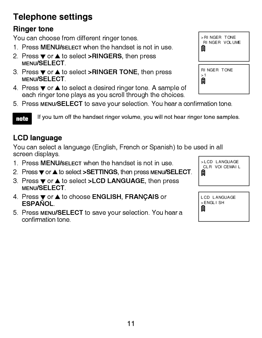 VTech CS6419-2 user manual Ringer tone, LCD language 