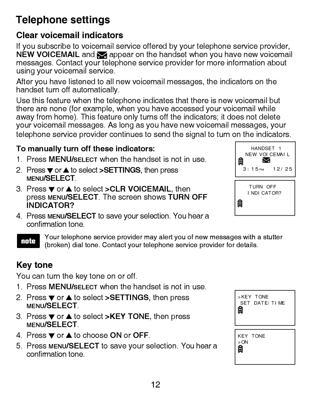 VTech CS6419-2 user manual Clear voicemail indicators, Key tone, To manually turn off these indicators 