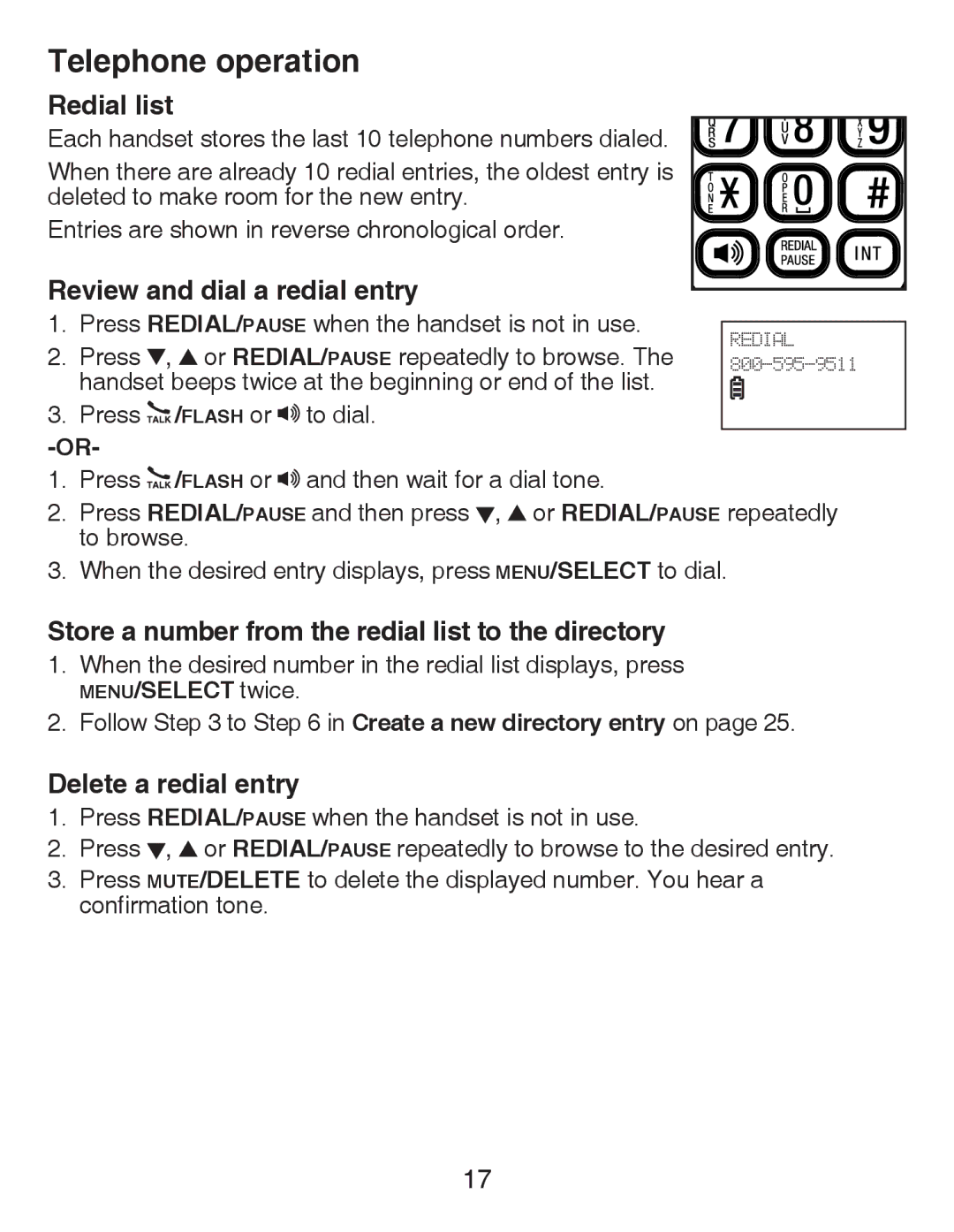 VTech CS6419-2 Redial list, Review and dial a redial entry, Store a number from the redial list to the directory 